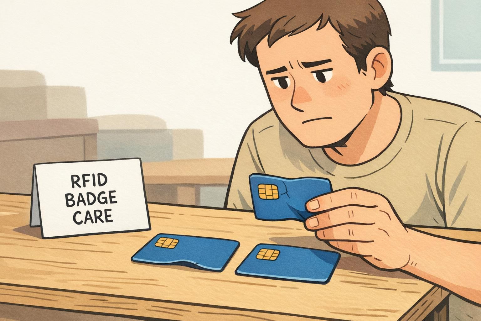 Person compares a slightly warped, cracked slotted badge with an intact card on a table, spotting damage during RFID badge care troubleshooting.