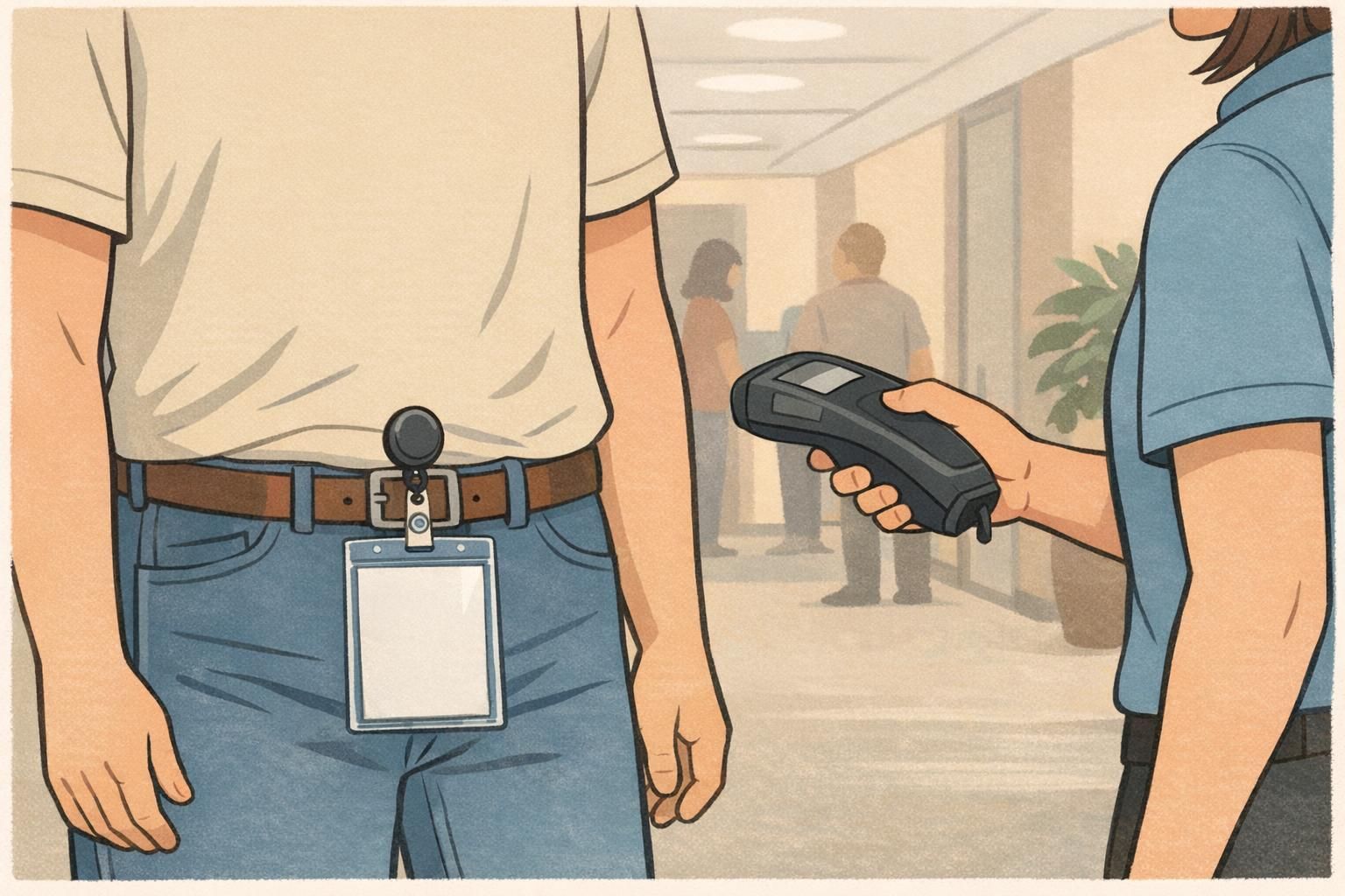 Event attendee wears a flat, aligned badge in a clear vertical holder on a retractable reel while staff holds a handheld reader for quick scanning.