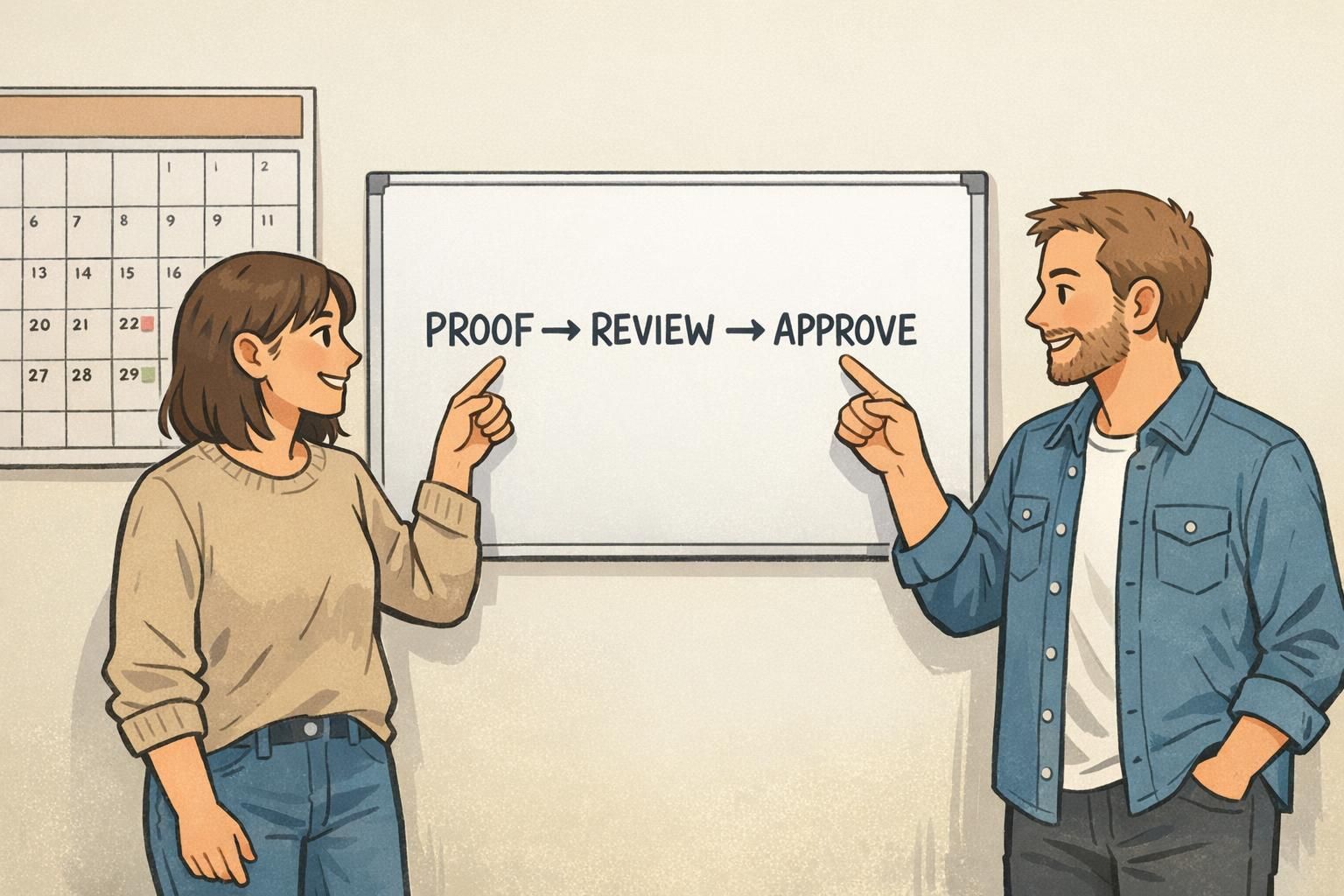 Two coworkers point to a simple proof, review, and approve timeline on a whiteboard to time-box the workflow.