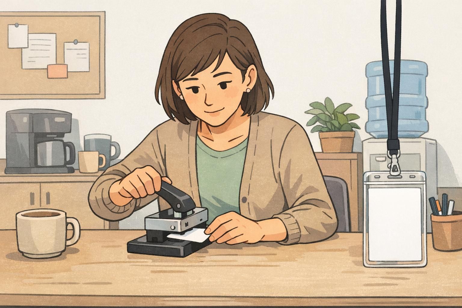 Employee uses a desktop slot punch with a badge in a clear vertical holder and lanyard, demonstrating careful slot punching RFID.