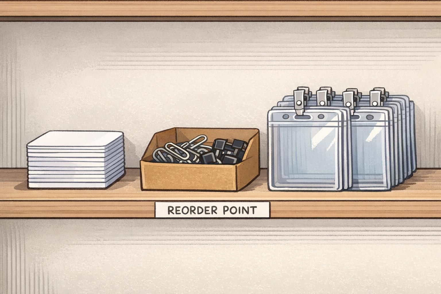 Organized badge supplies on a back-office shelf—blank cards, clips, and clear holders—marked with a reorder point label for badge reorder planning.