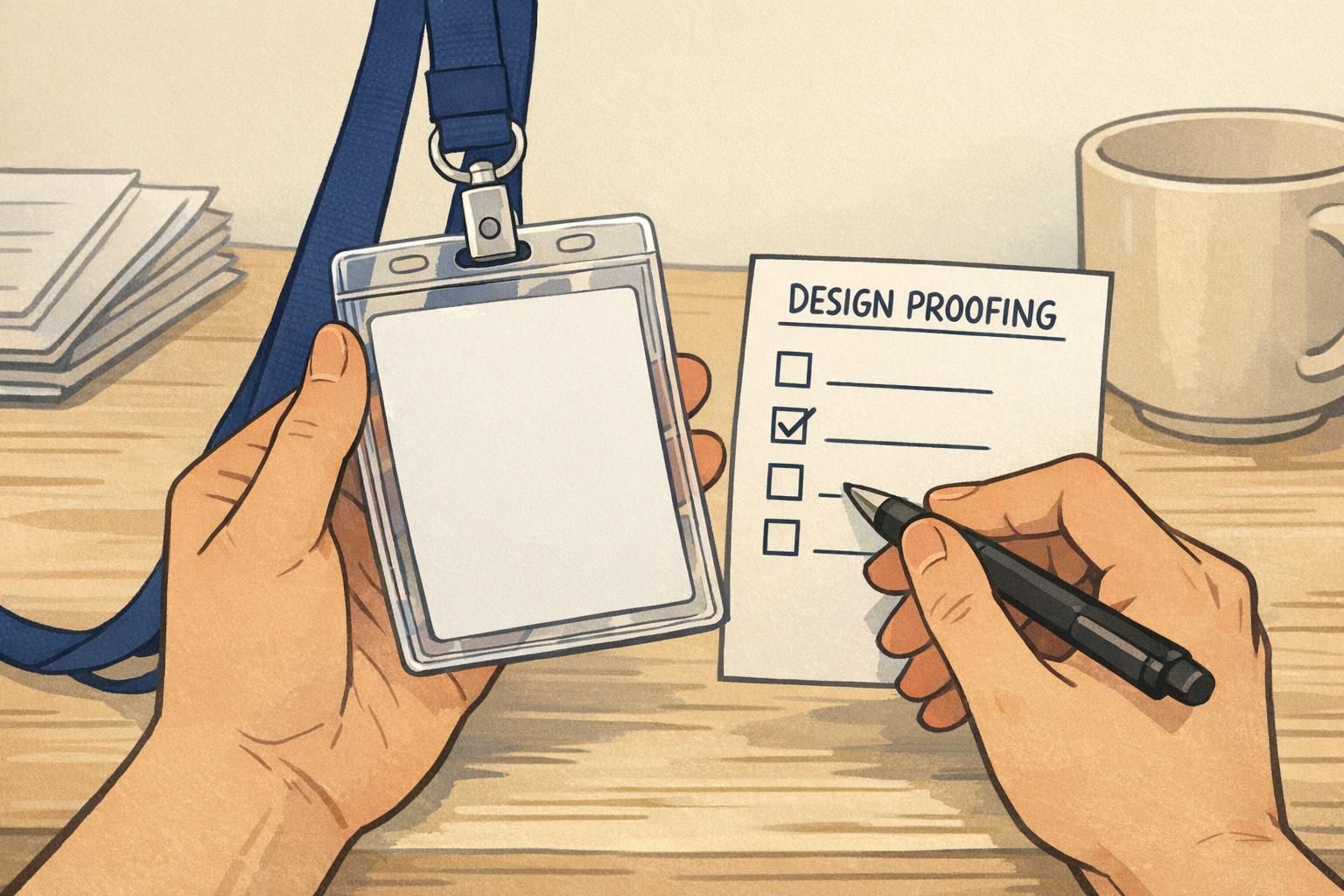 Hands compare an ID badge in a clear holder with a printed design proofing checklist to confirm accuracy and readability.