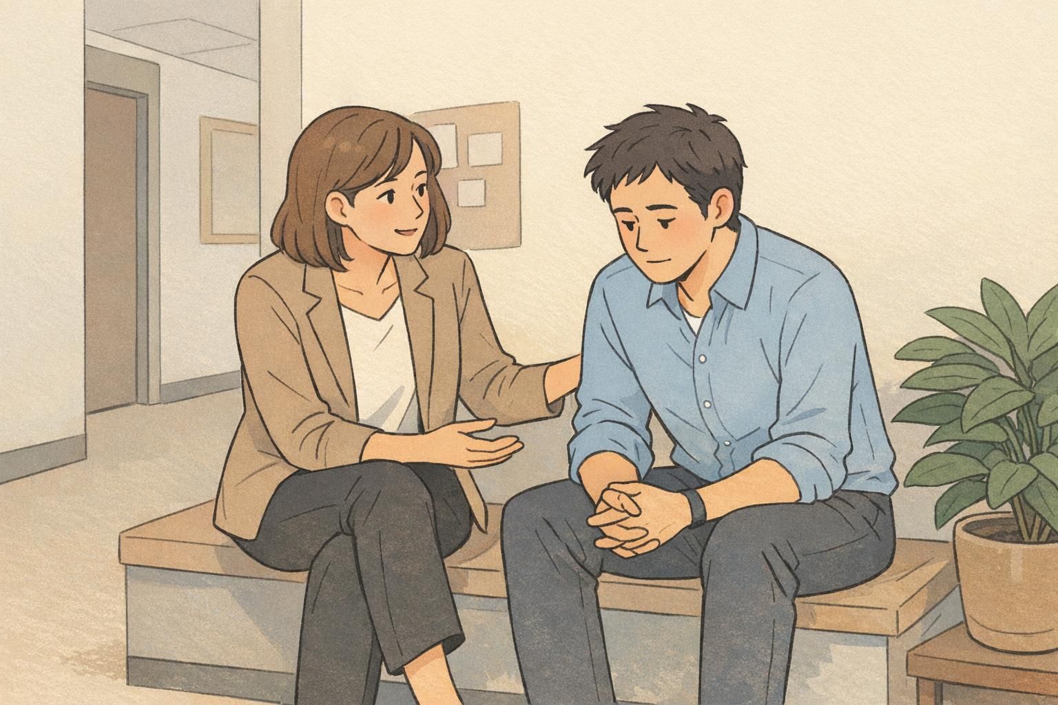 A manager speaks privately and supportively with an employee about repeated forgotten badge incidents, using calm body language to avoid embarrassment.