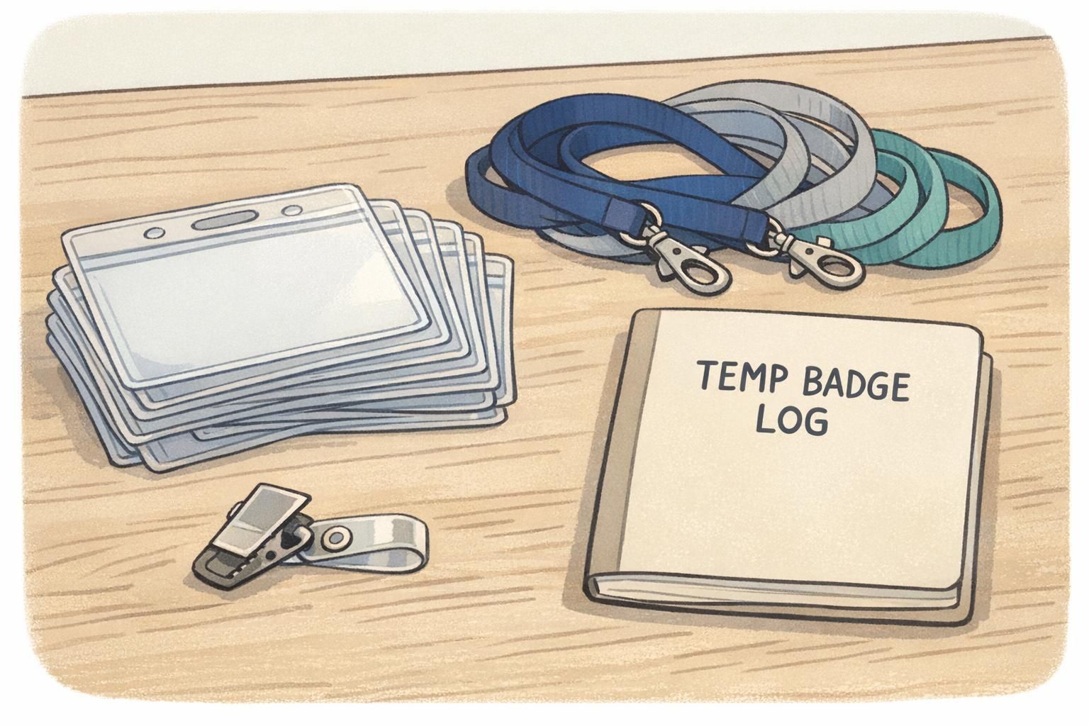 A temporary badge kit on a tabletop with blank plastic holders, lanyards, a clip, and a TEMP BADGE LOG notebook for recording issued temporary credentials.