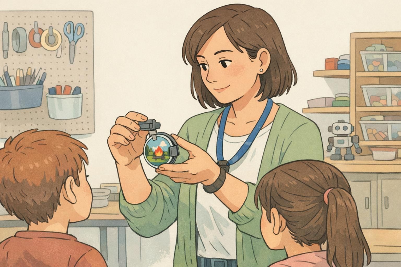 Instructor in a makerspace demonstrating a lanyard badge with a removable clip-on backing attachment for optional interactive tracking