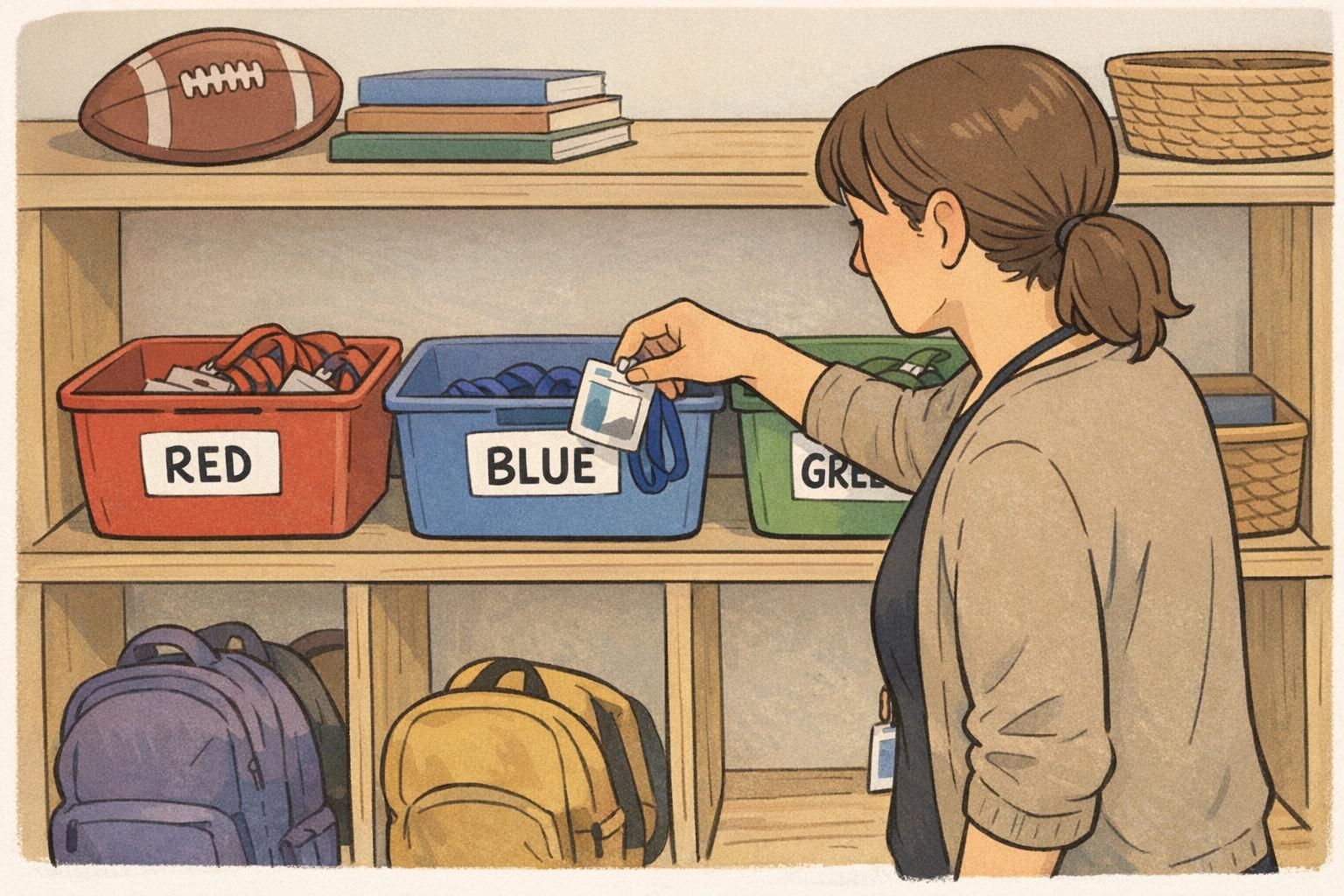 A staff member returning student badges into color-coded storage bins to keep distribution organized and reduce lost identification cards.