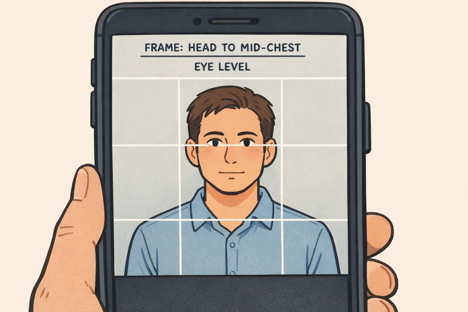 Close-up of a smartphone display showing a head-and-shoulders framing grid while photographing a person against a smooth neutral backdrop.