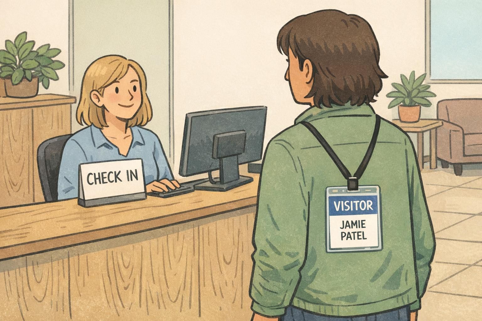 Visitor checking in at a reception desk wearing a vertical visitor badge with clear status and name, demonstrating a clean corporate employee ID example for front-desk workflows.