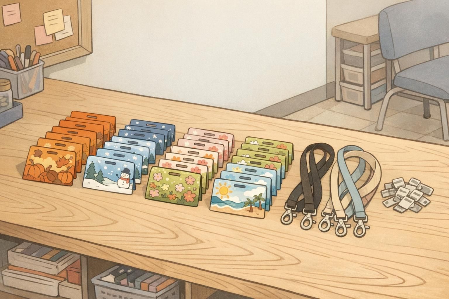 A classroom table with seasonal badge buddy backers arranged in neat rows beside lanyards for easy rotation.