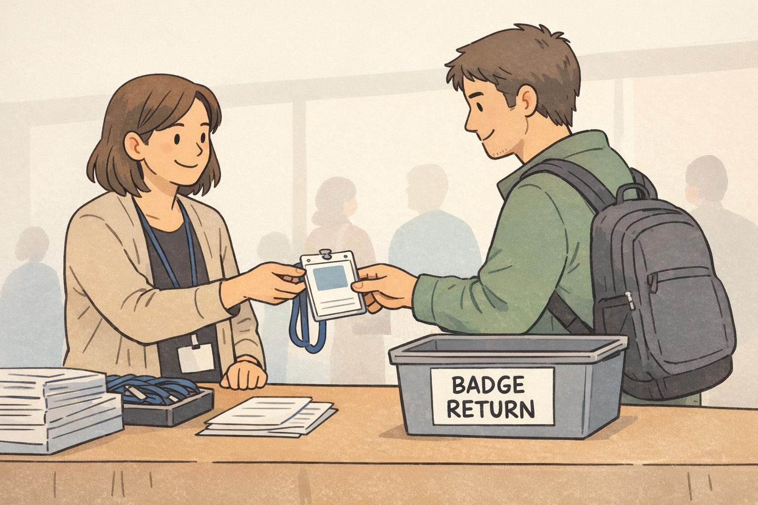Conference check-in staff handing an attendee an event badge in a clear holder, with a nearby badge return bin for post-event sorting.
