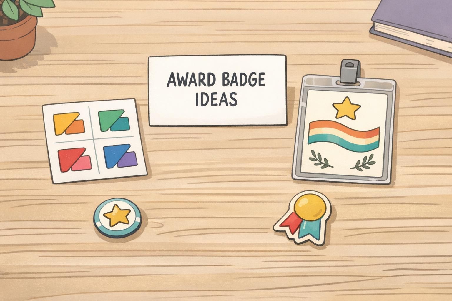 Tabletop layout of award badge ideas including small corner stickers, a minimalist pin, and a slim badge insert sample arranged neatly.