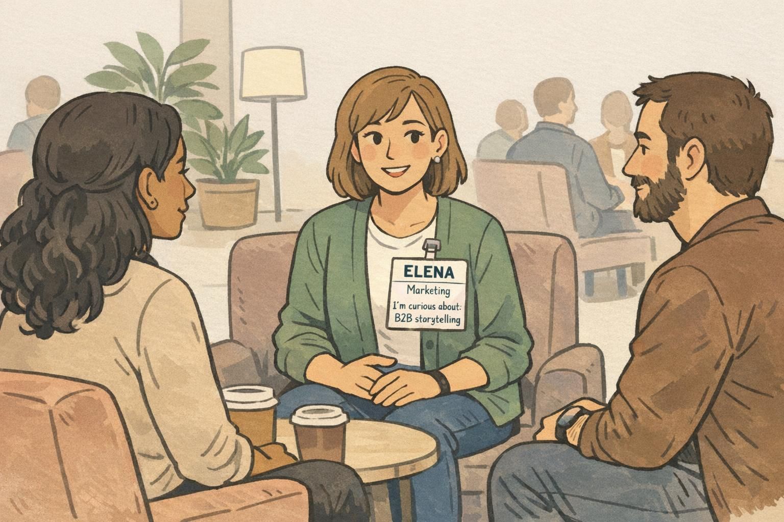A small group chatting in a conference lounge while one person's clip-on badge shows a readable first name and a short curiosity prompt.