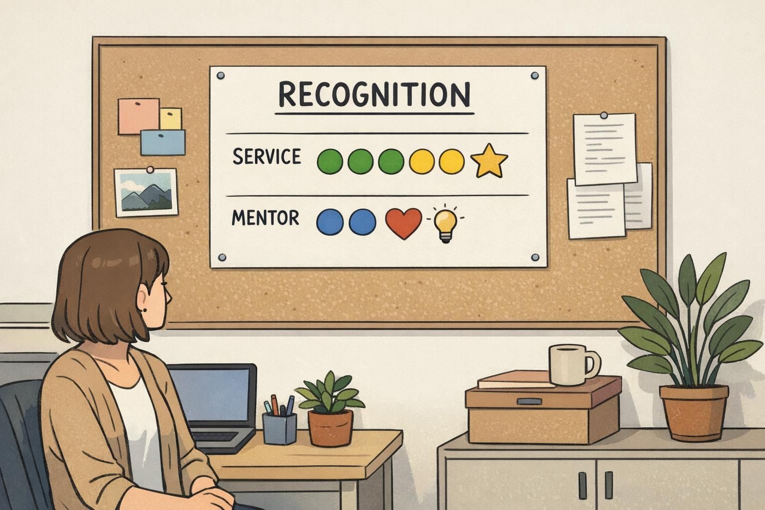 HR workspace bulletin board displaying a simple recognition chart with colored dots and icons for service and mentor categories.