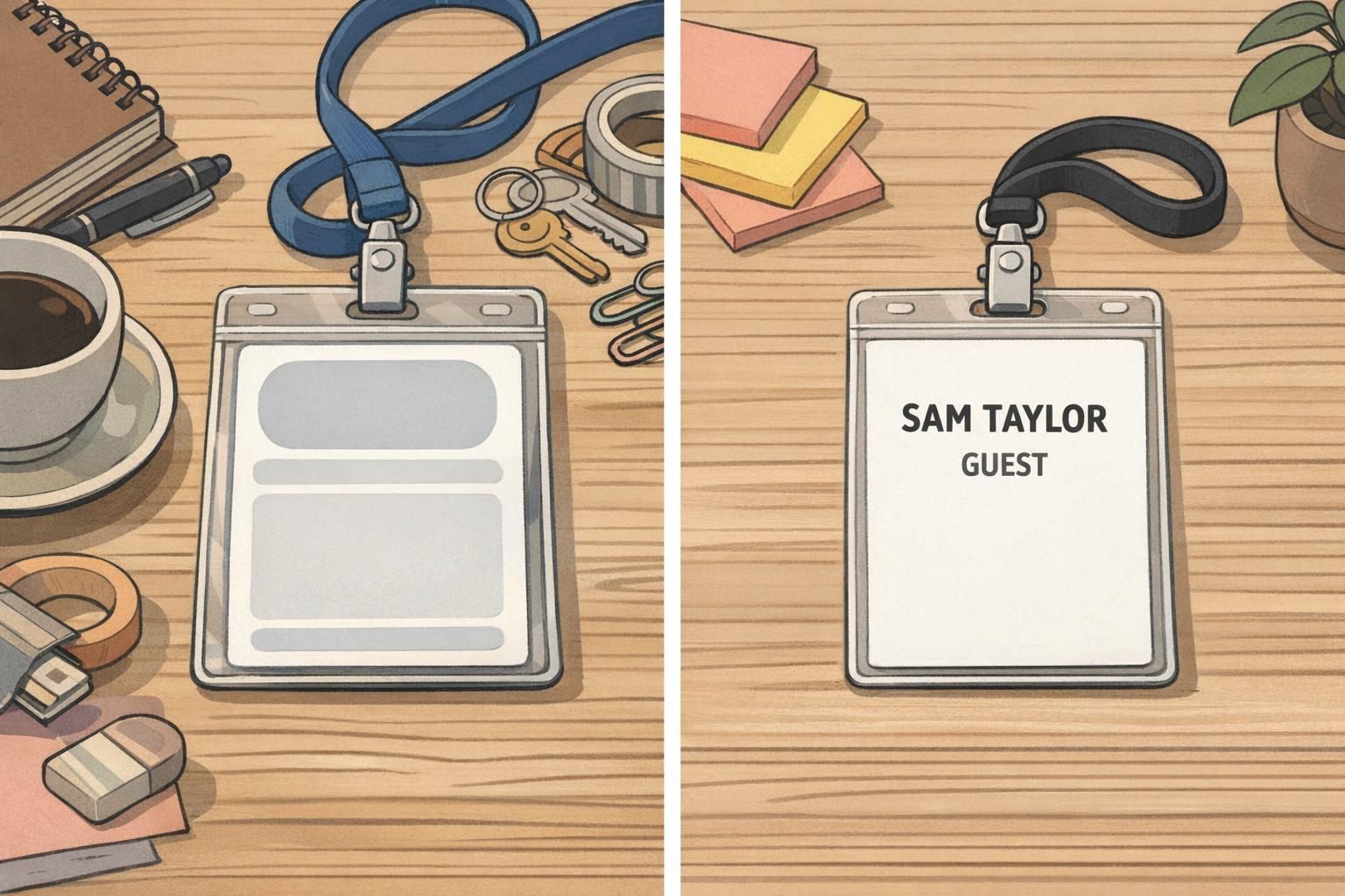 Side-by-side printed badge mockups showing a cluttered layout next to a simple badge design, with the minimal mockup easy to read for quick comparison.