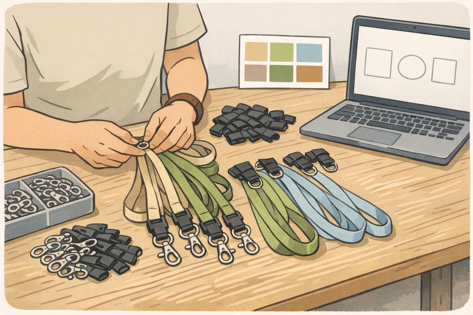 Close-up of lanyards laid out with metal hooks and breakaway clips ready for coordinated, premium badge setups.