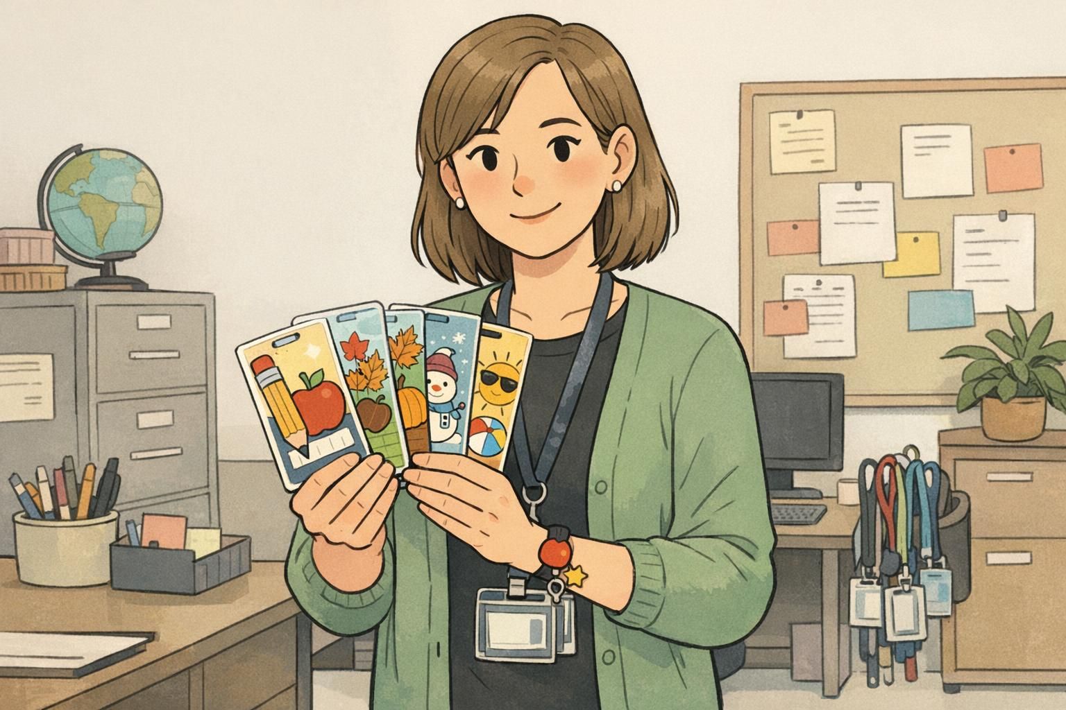 A teacher holding seasonal badge buddy inserts for back-to-school planning and other fun ID accessories.