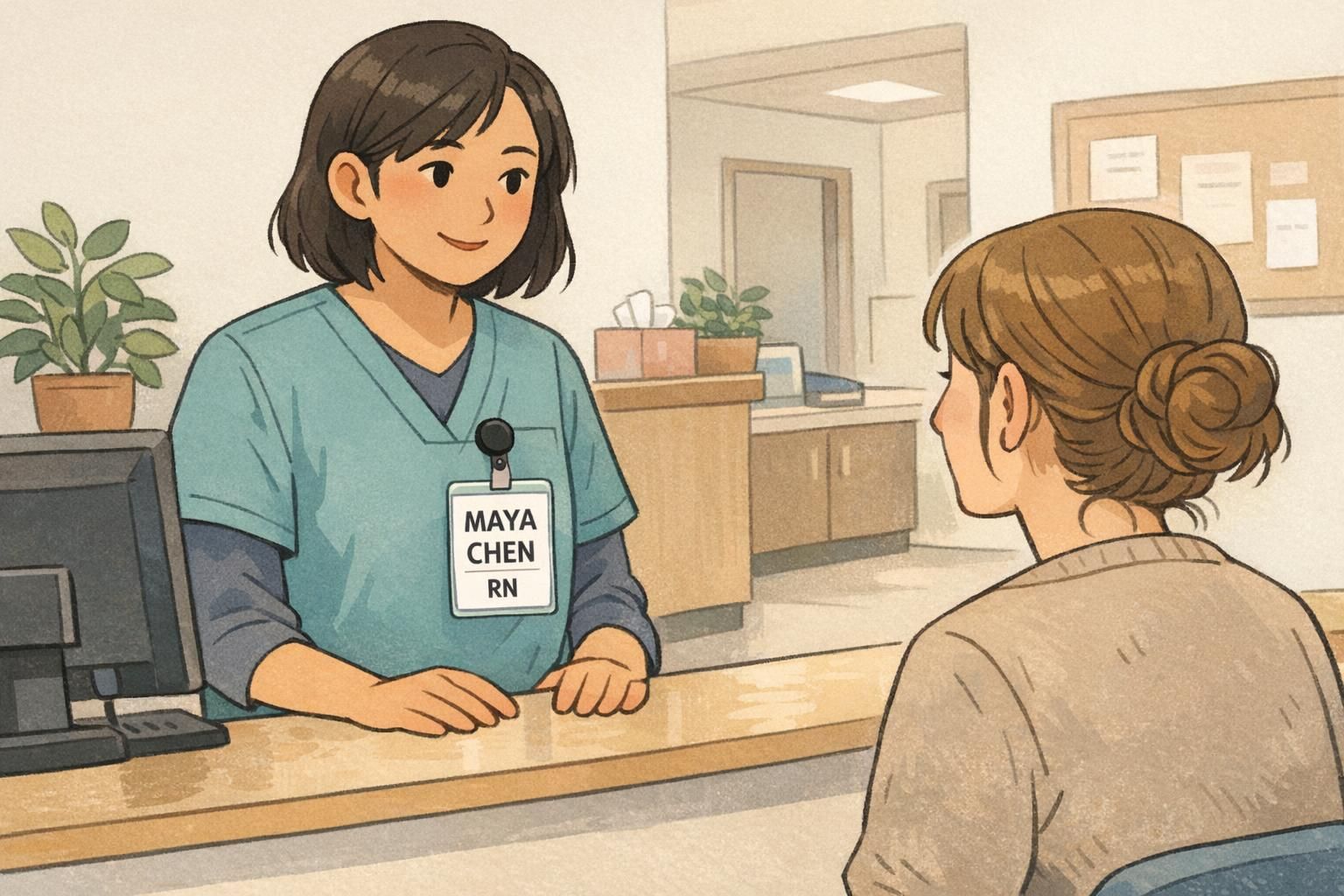 Healthcare staff member at reception wearing a vertical minimalist ID badge on a retractable clip, with a high-contrast name and an RN role line for quick identification.
