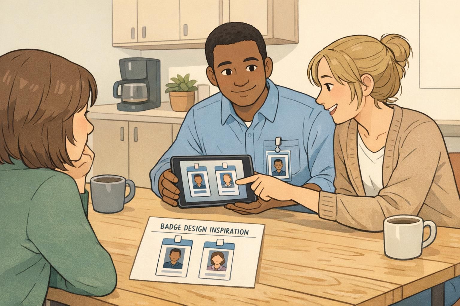 Coworkers comparing printed and digital ID layouts while one wears a vertical badge, illustrating employee ID examples and production considerations like holders and margins.