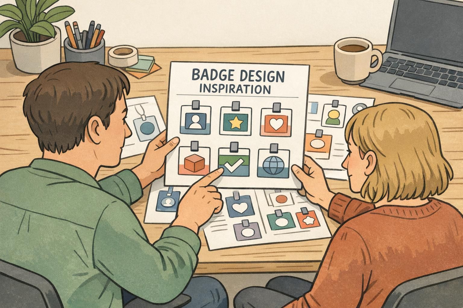 Designers reviewing printed badge mockups on a desk, showing badge design inspiration and structured layout options that prioritize readability and consistent spacing.