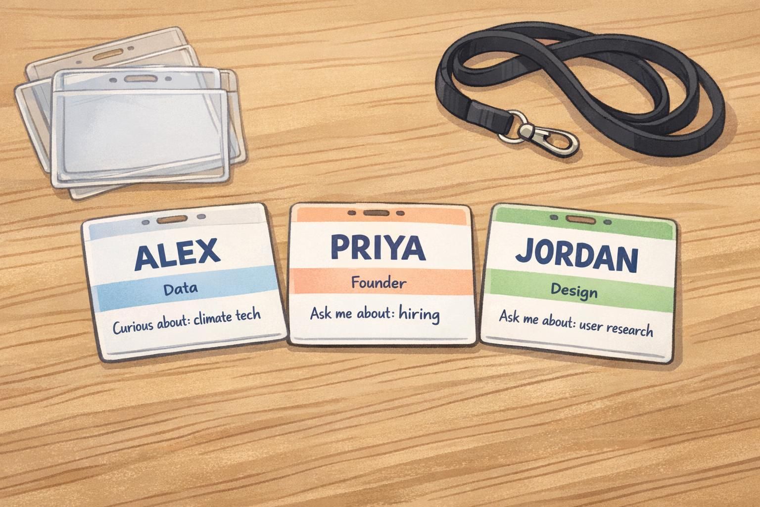 Close-up of several printed name tags on a table showing prominent first names and single-line prompts beside empty badge holders and a simple lanyard.