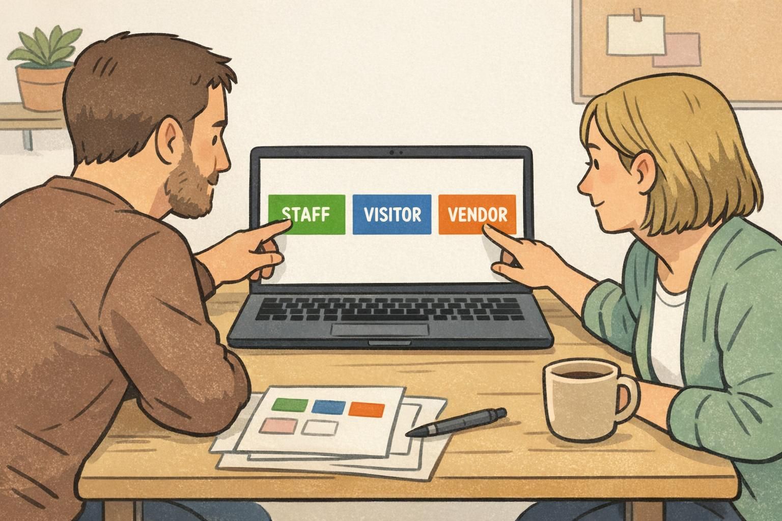 Two people in a design review meeting examining ID card color swatches on a laptop to standardize role colors for staff, visitors, and vendors.