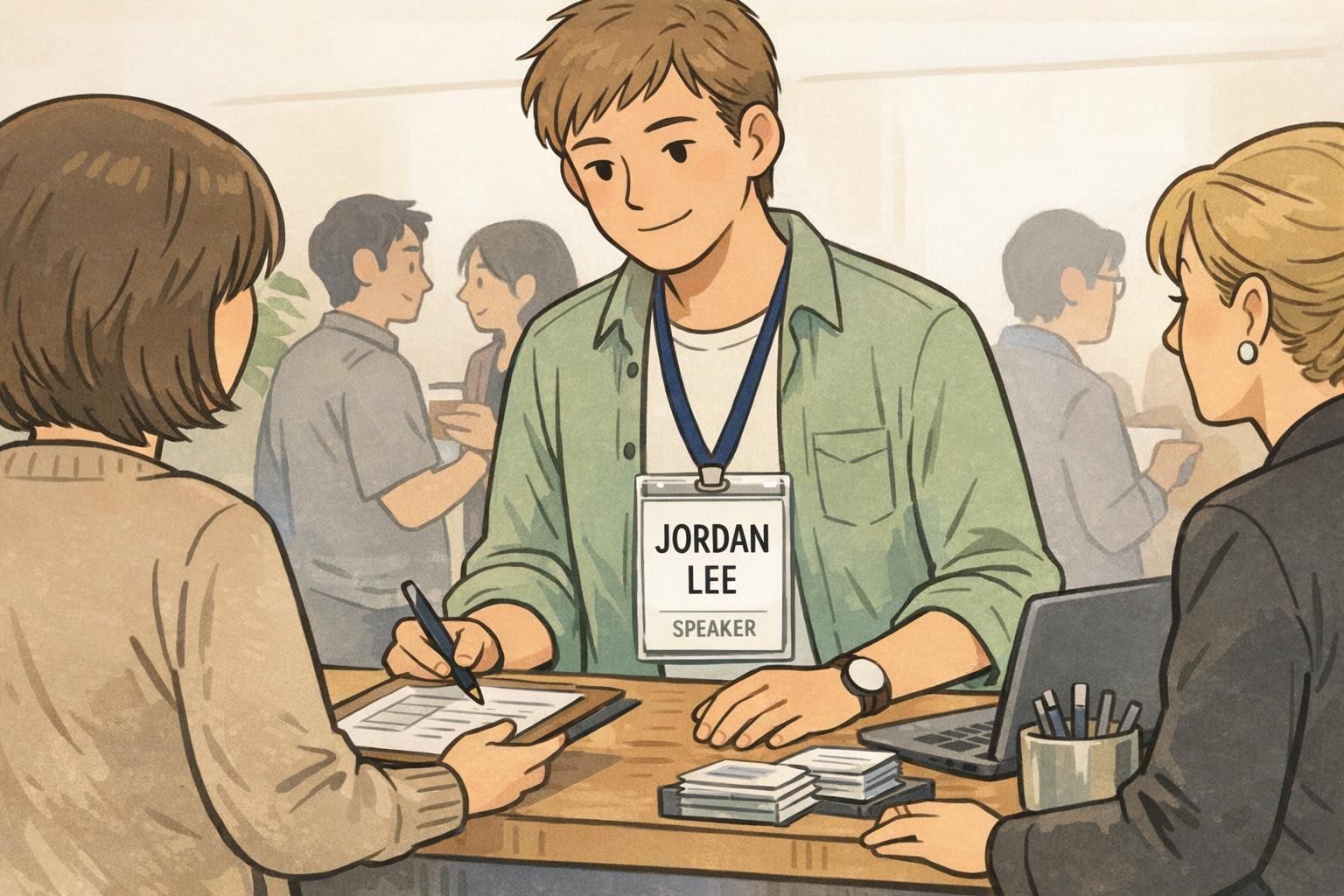 Conference attendee wearing a simple badge design on a navy lanyard with a large readable name and a small speaker label during registration.