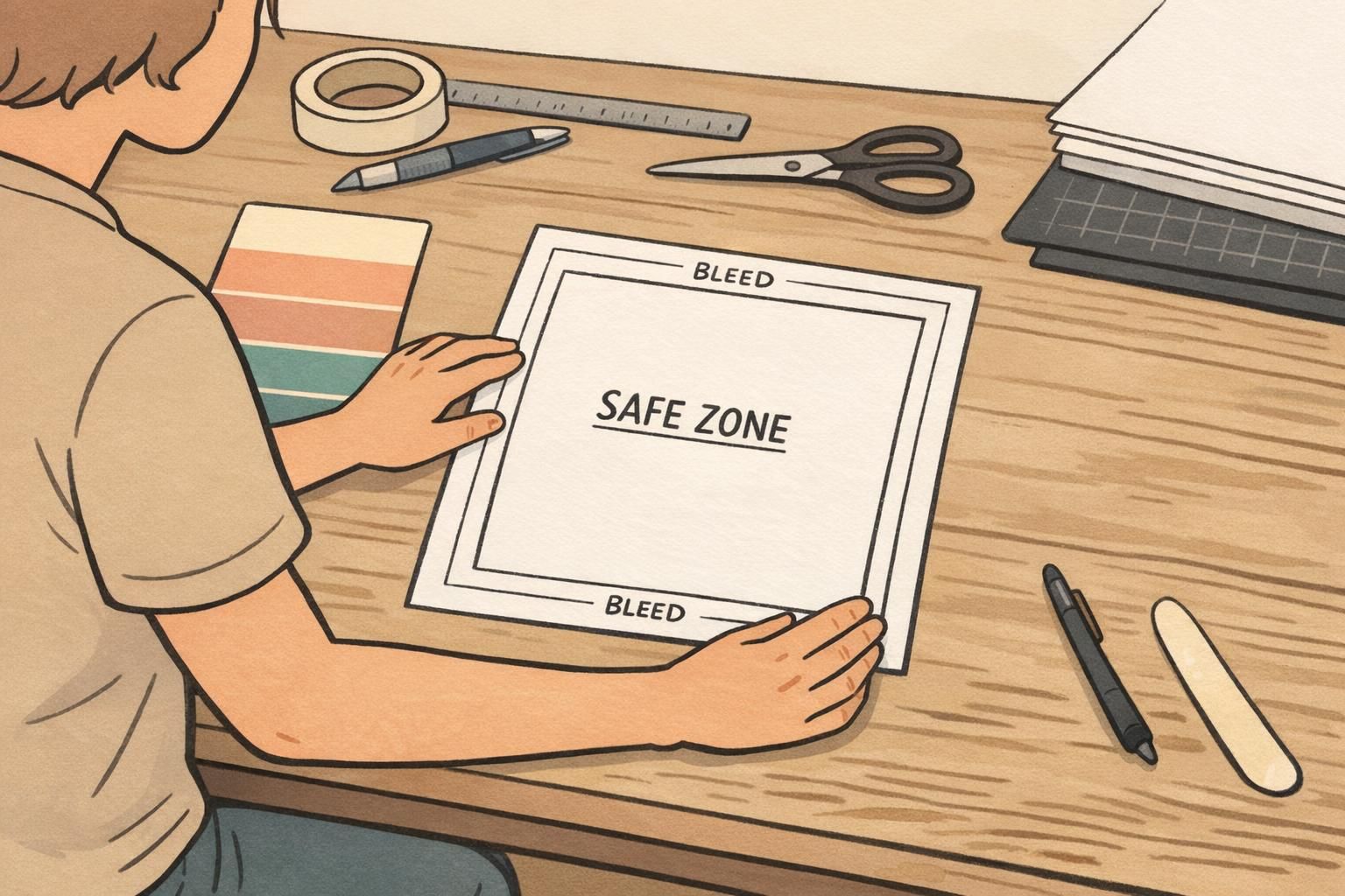 Print-prep desk with a proof sheet showing bleed and safe-zone guides beside retro color swatches and a pencil.