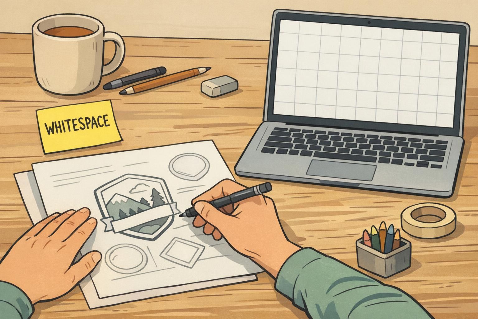 Designer sketching a badge layout on a grid, emphasizing whitespace planning and alignment for a simple badge design.