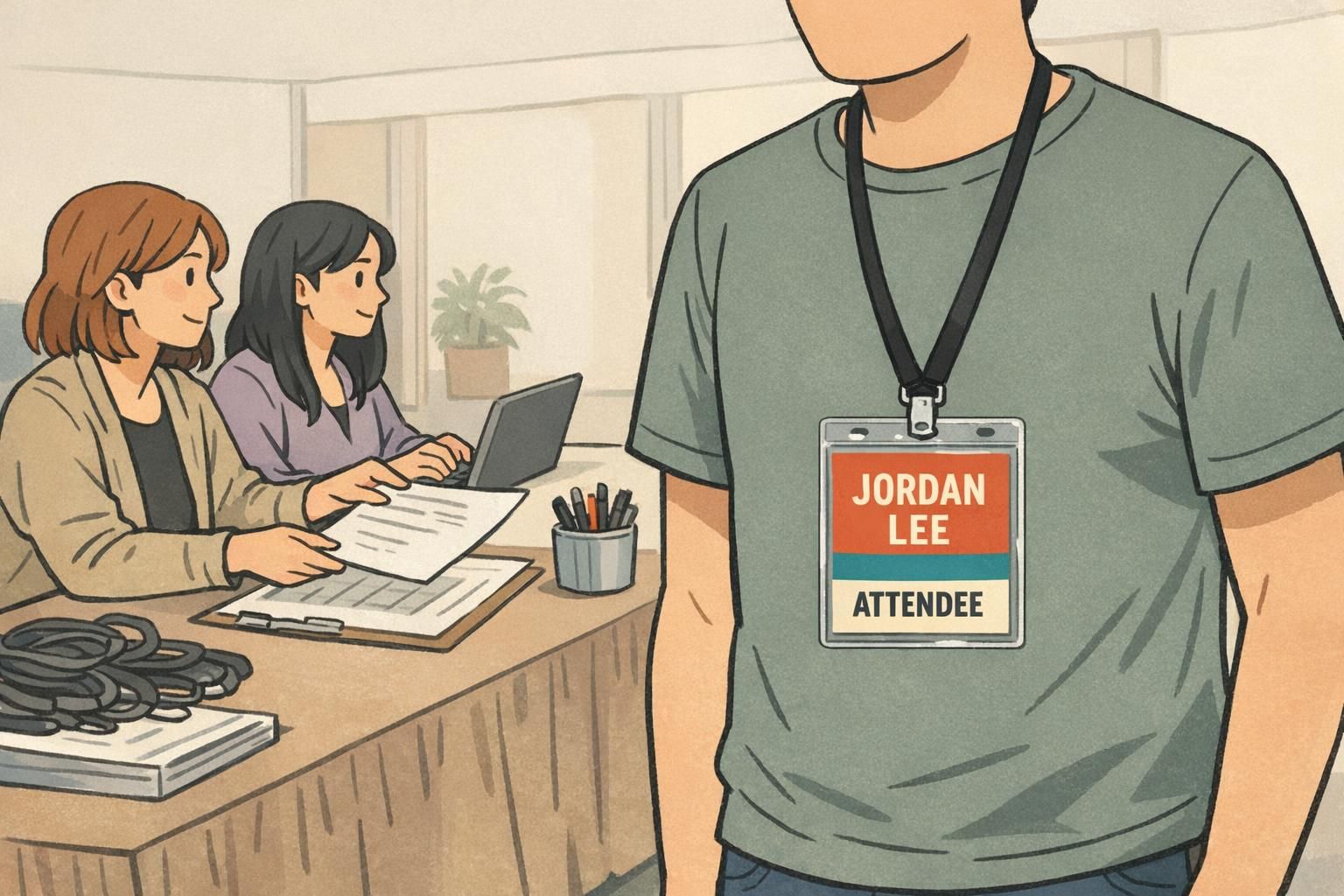 Event attendee wearing a vintage name badge featuring a bold color band with a clear, readable name and role.