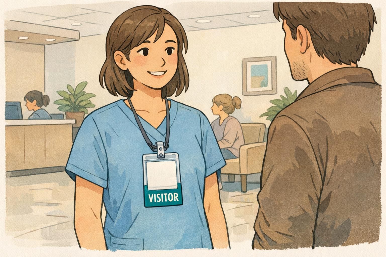 Healthcare lobby badge buddy positioned beneath an ID badge, using a teal panel to indicate visitor status for quick role recognition.