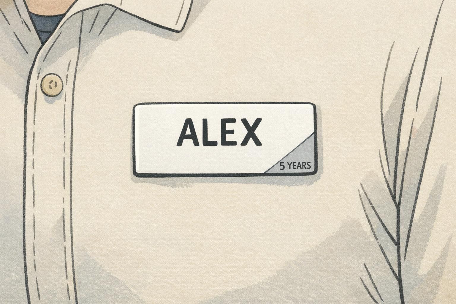 Close-up of a name tag corner showing a subtle years of service badge marker reading 5 years for quick tenure recognition.