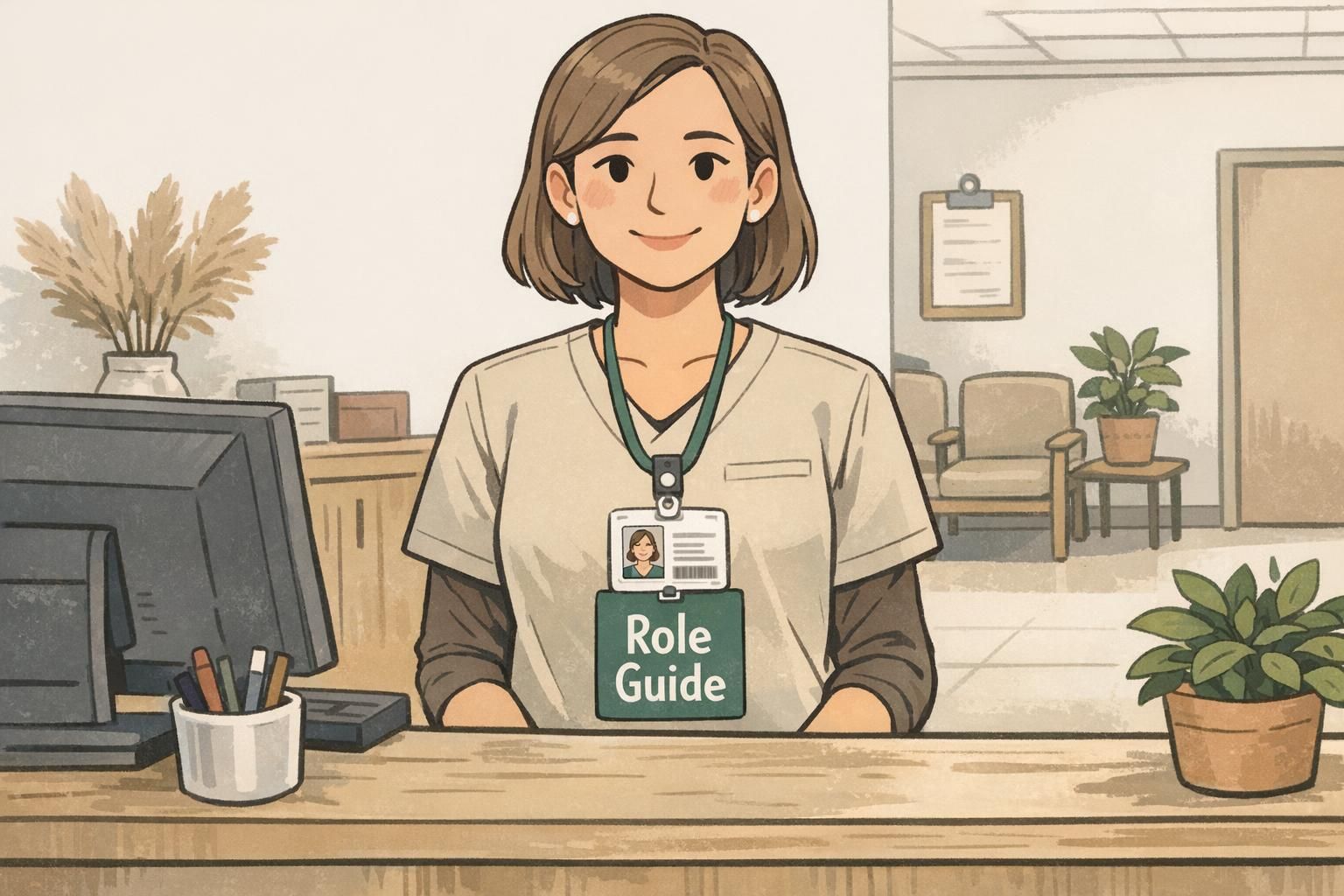 A clinic front desk scene showing a seasonal badge buddy used to keep staff roles easy to recognize at a glance.