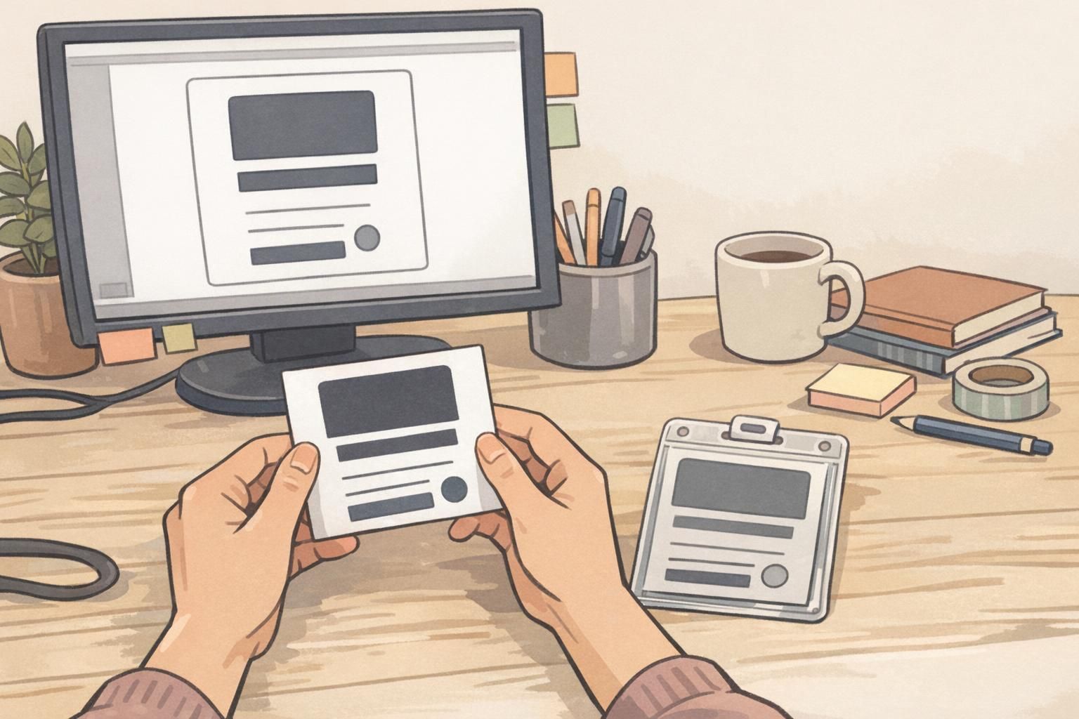 Designer reviewing a printed badge back test card at a desk beside a monitor, checking contrast and legibility with a clear holder nearby