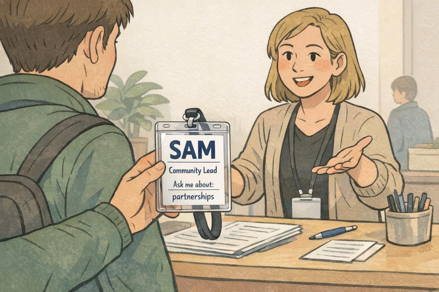 An attendee at check-in receives an event name badge in a vertical holder displaying a large first name, a smaller role line, and a brief conversation prompt.