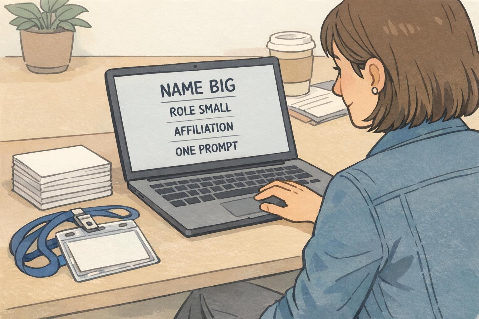 An organizer reviews a simple badge layout on a laptop beside blank badge inserts and a holder, illustrating a standardized badge template.