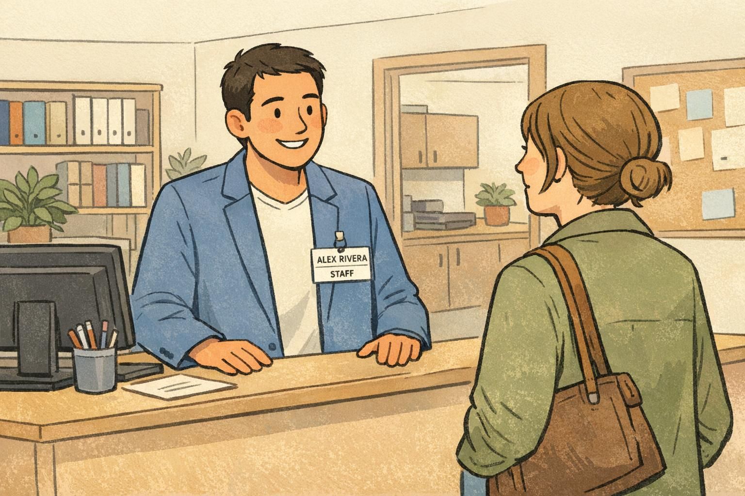 School administrator greeting a parent while wearing a horizontal staff ID with large name and simple role label, showing a practical name badge idea for education settings.