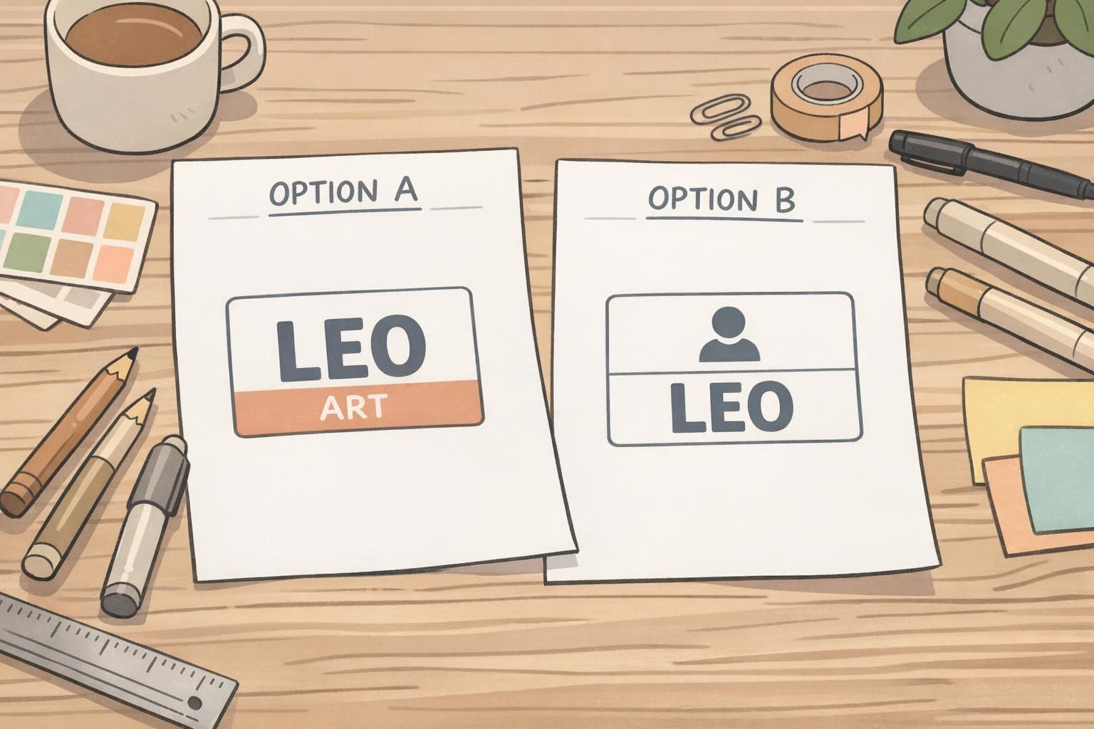 Close-up of a designer's desk showing two printed badge layouts with large student names and simple group labels to illustrate school badge design choices.