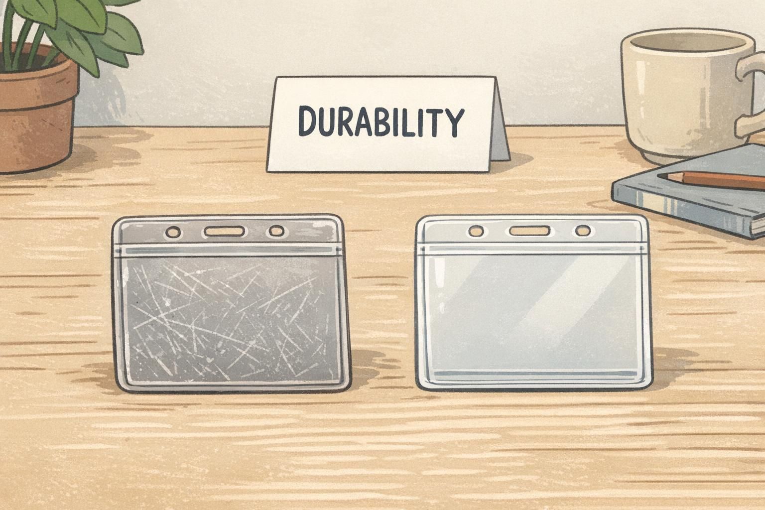 Side-by-side view of a scratched clear badge holder next to a new holder to demonstrate durability and protection for kids name tags.