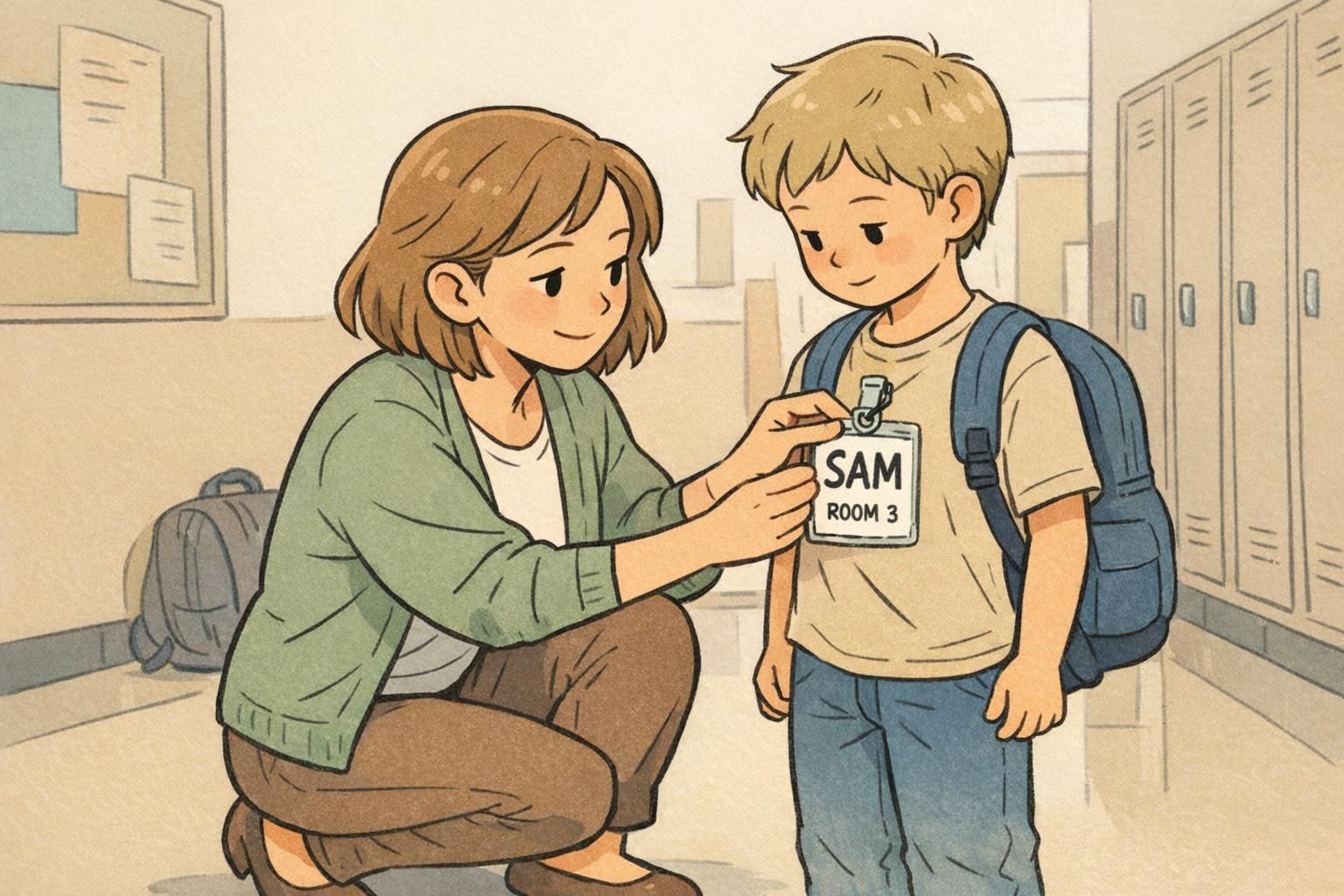 Teacher kneeling to help a student attach a vertical ID card in a clear holder to a sturdy shirt clip, highlighting safe, stable wear options.