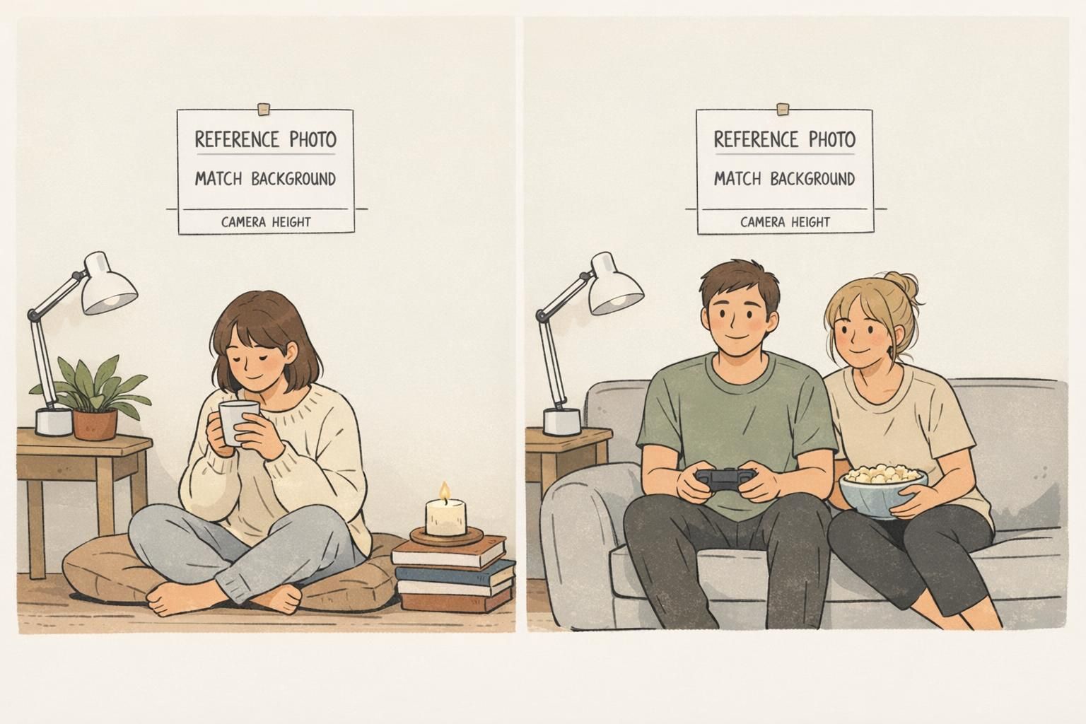 Two small photo corners shown side-by-side with identical backgrounds and camera-height marks to demonstrate multi-location consistency.