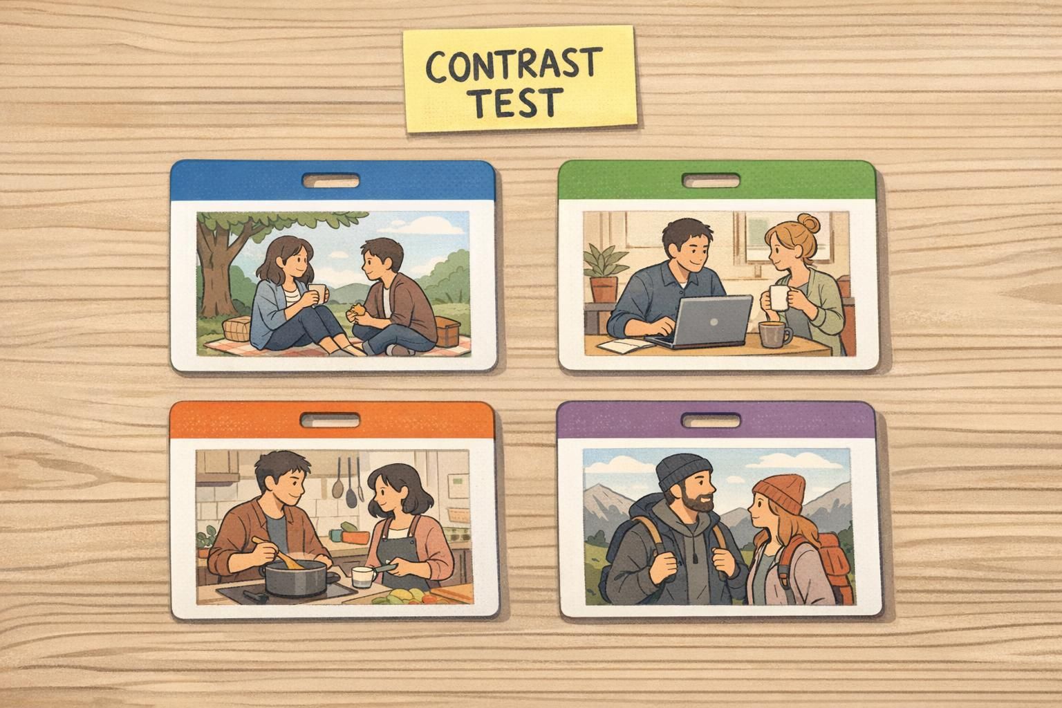 Four sample ID cards laid out for a contrast test comparing header color combinations for color coded badges and readability.