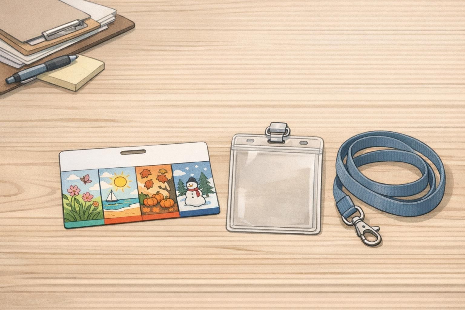 A healthcare planning table with a printable seasonal badge buddy template, badge holder, and lanyard ready for review.
