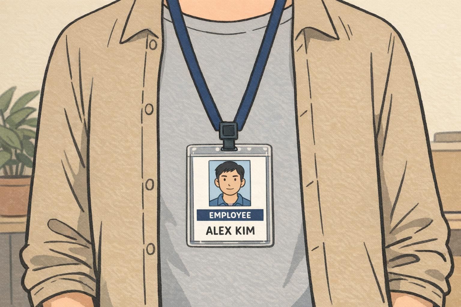 Person wearing a lanyard with a centered photo ID badge, illustrating a clean card layout that supports employee photo tips for recognizability.