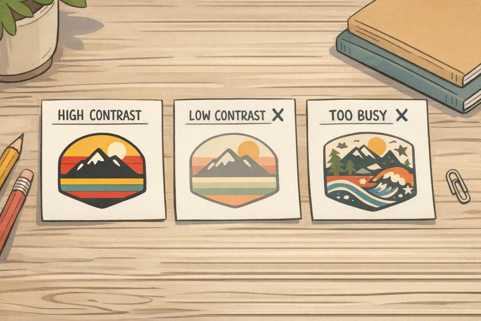 Three printed sample cards on a tabletop showing high-contrast and low-contrast color-block layouts for retro-inspired badges.