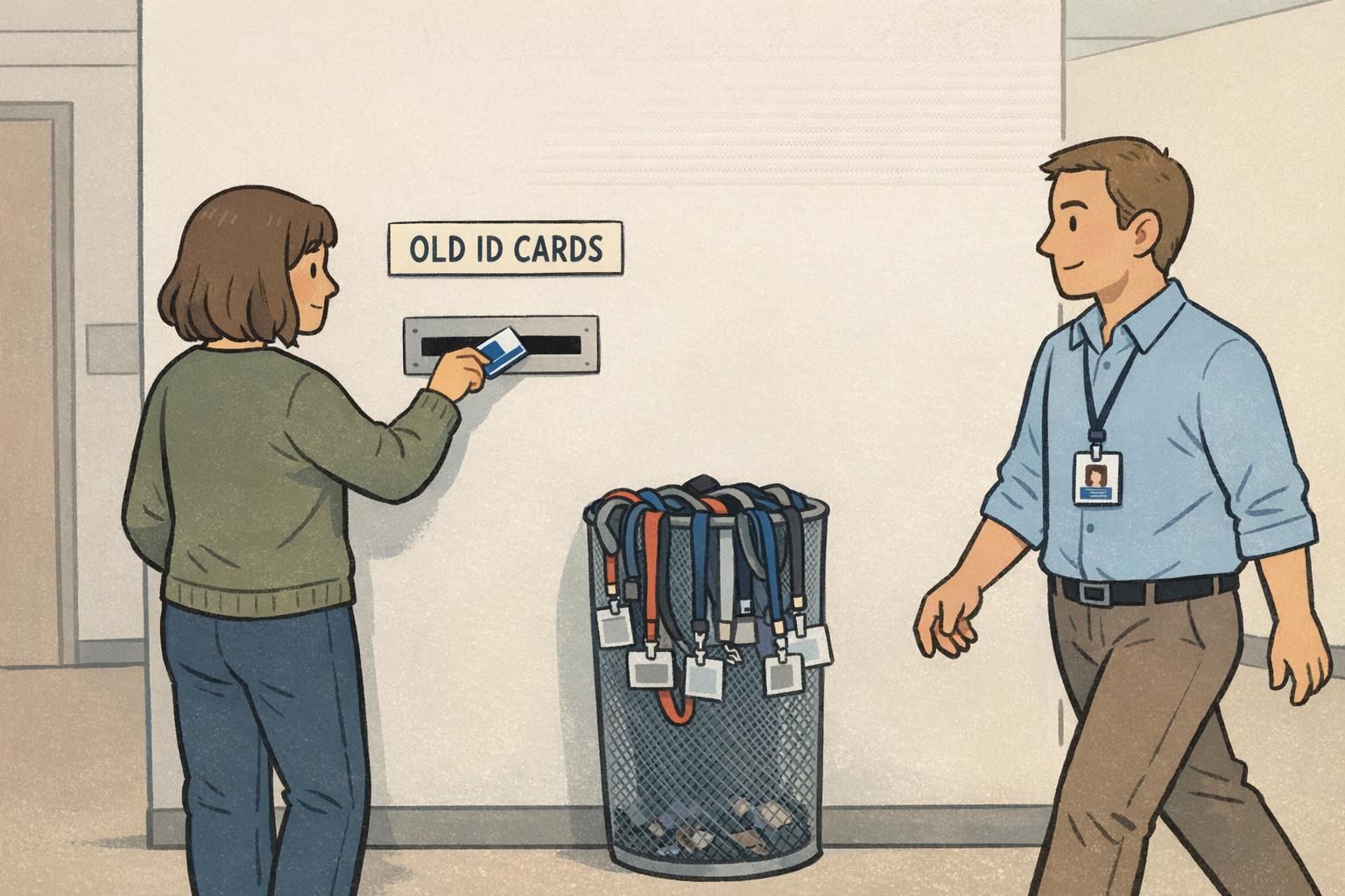 Office hallway with a card drop slot and a standing lanyard return bin supporting an easy return-and-reuse identification flow.