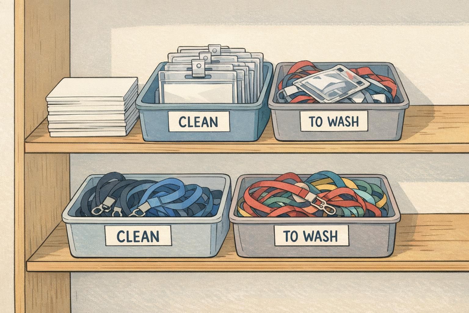 Organized supply closet shelf with reusable badge holders, stacks of blank inserts, and sorted lanyards in CLEAN and TO WASH bins for reuse.