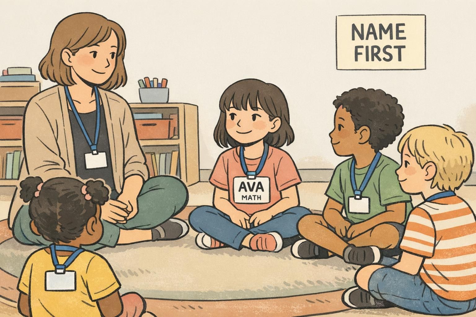 Children seated in a circle wearing vertical student badge cards on short breakaway lanyards with large readable names to support quick staff recognition.