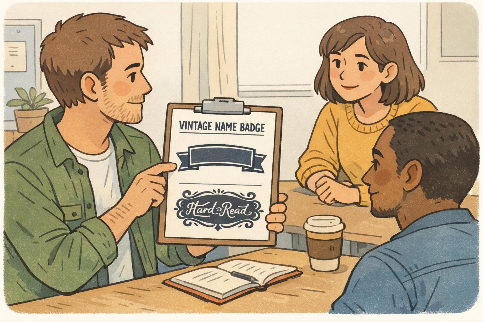 Small team reviewing badge typography mockups, comparing a legible sans-serif pairing with a decorative, hard-to-read alternative.