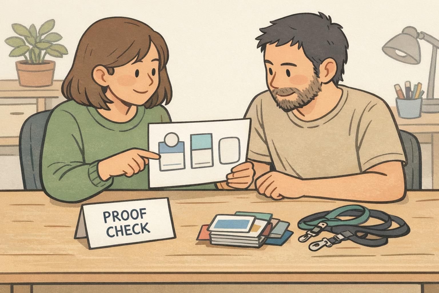 Two coworkers at a proof-check desk reviewing a badge template with sample cards and lanyards to reduce reprints and keep sustainable badges consistent.