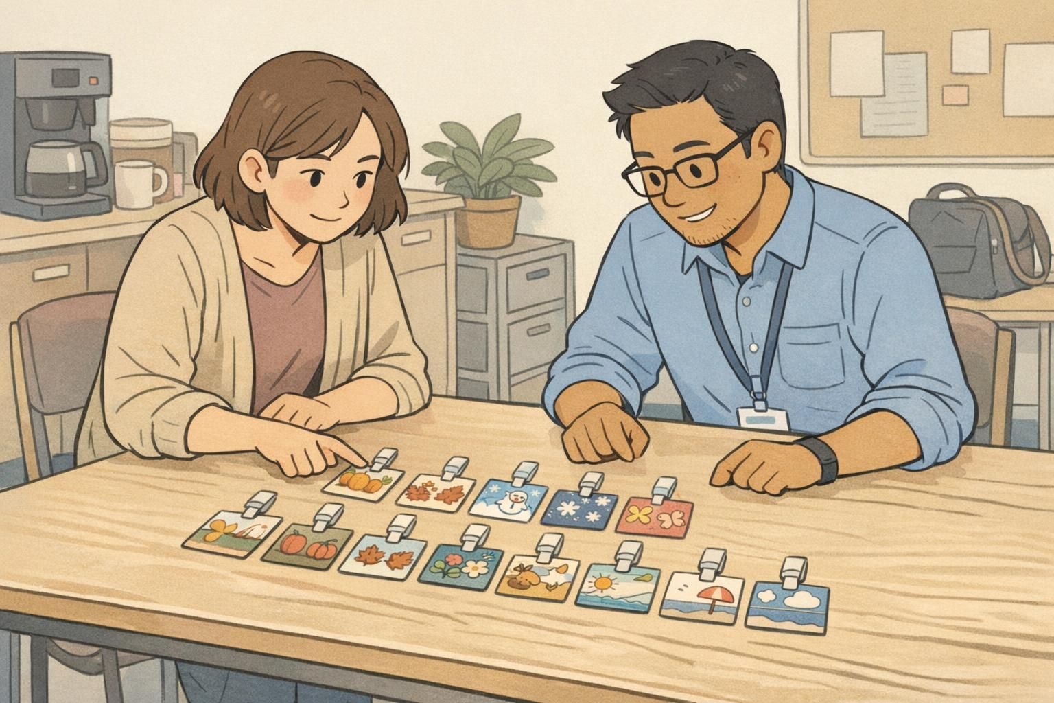 Two educators reviewing seasonal badge buddy samples in a school staff room for a simple, professional seasonal update.
